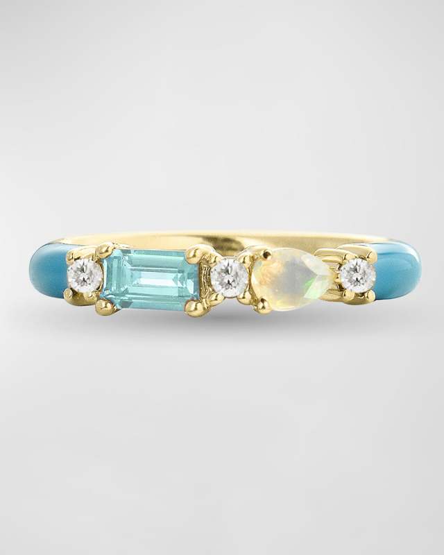Blue Zircon and White Opal Ocean Blue Enamel Ring, Size